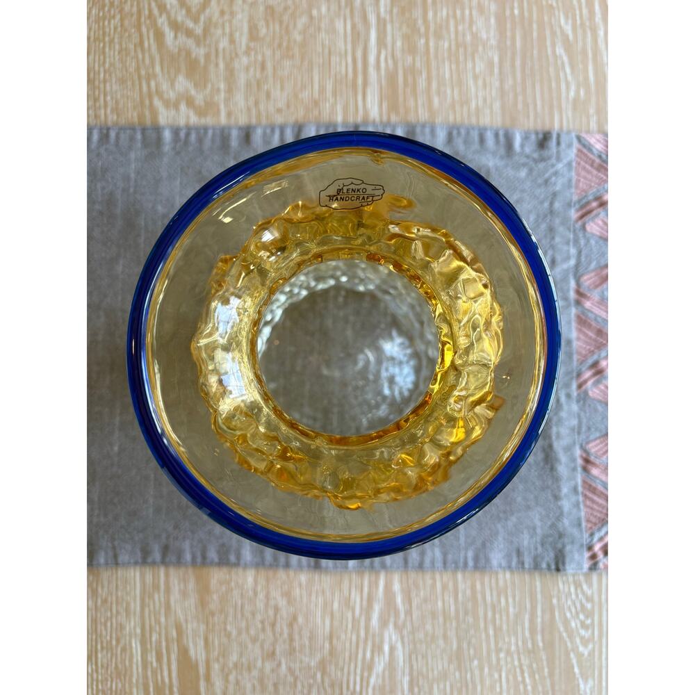 2007 Blenko Hand-Blown Glass Beaker Vase Amber & Cobalt Signed - Picture 2 of 16